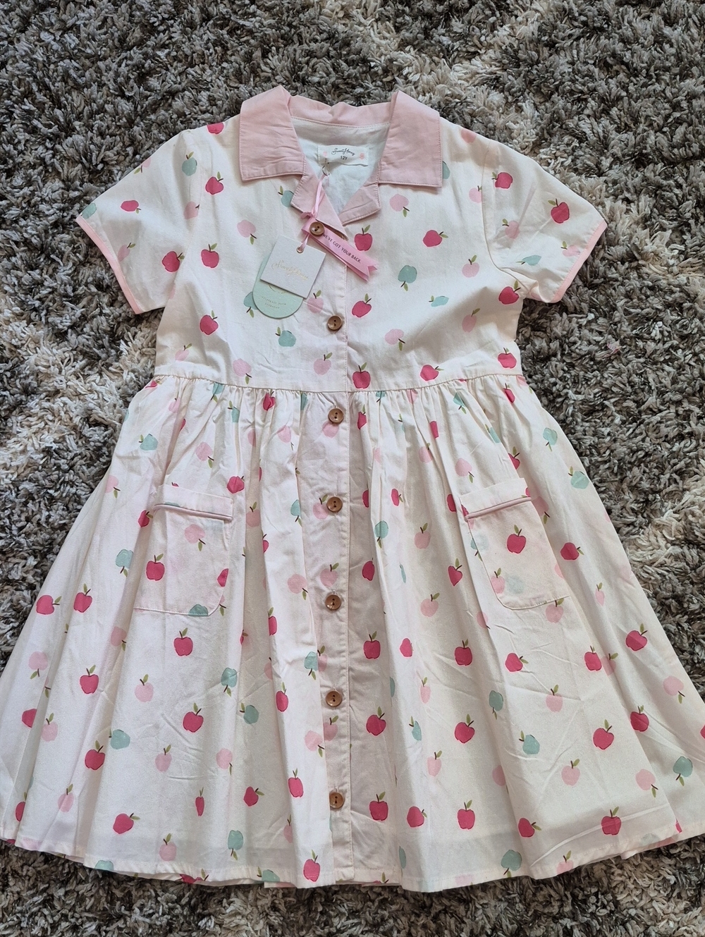 SweetHoney Pink & Mint Apple Print Cotton Shirt Dress